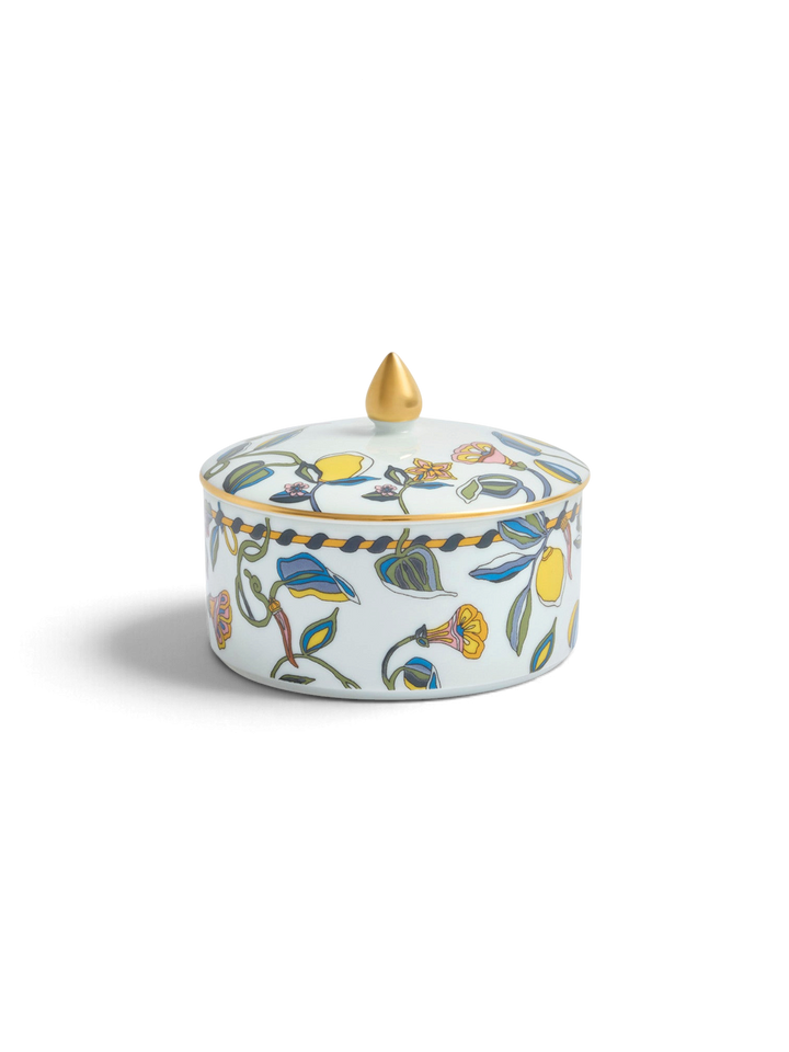 Ileana Makri white ceramic Goodie Jar Borboni with a glossy finish, gold lid finial, and whimsical floral motif.