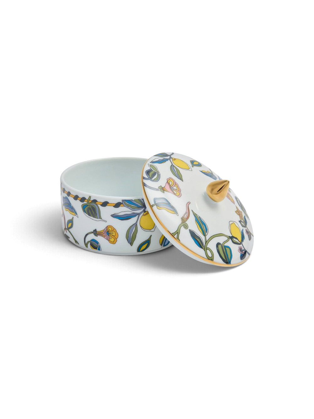 Ileana Makri La DoubleJ Borboni white ceramic goodie jar with a whimsical floral motif and a gold-tone lid handle.