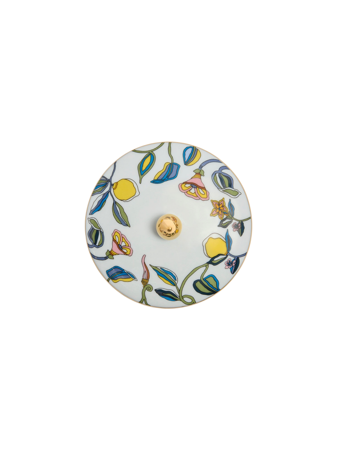 Ileana Makri ceramic Goodie Jar Borboni lid with white background, floral motif, and gold knob handle.