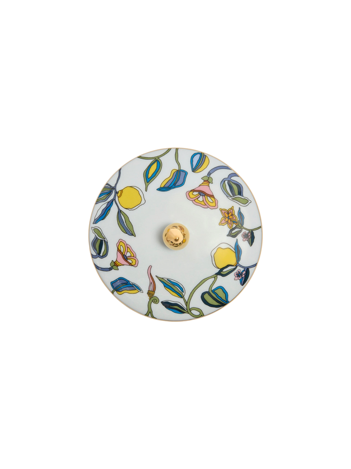 Ileana Makri ceramic Goodie Jar Borboni lid with white background, floral motif, and gold knob handle.
