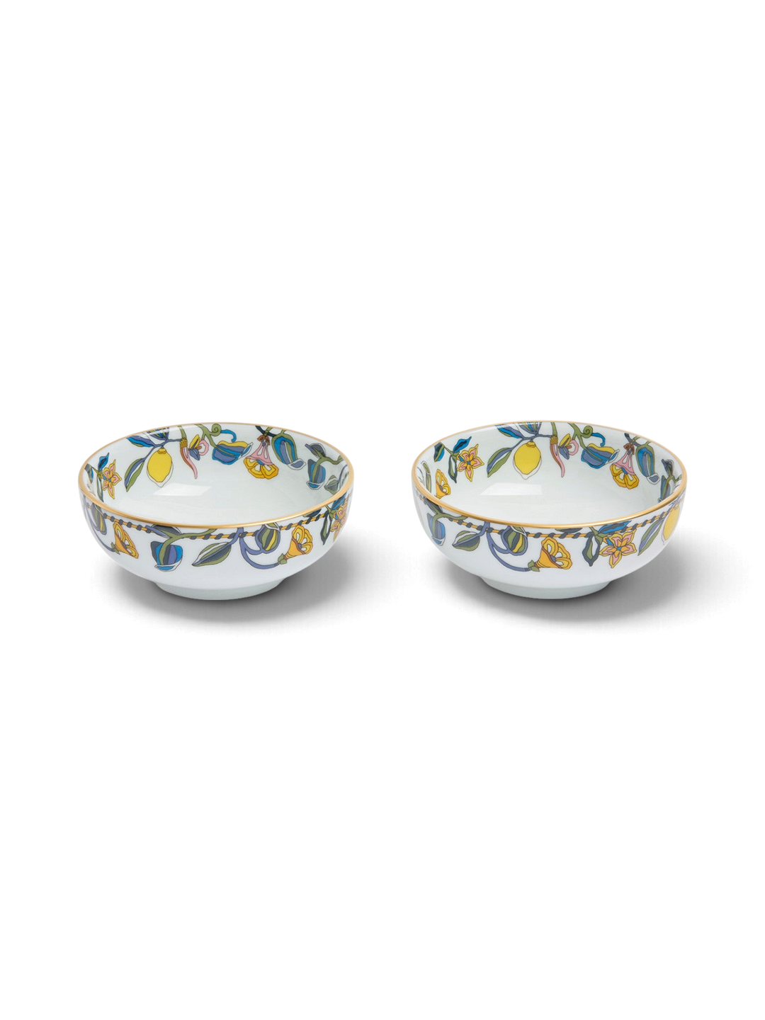Ileana Makri Borboni snack bowl set of two in white ceramic with colourful floral and lemon motif and gold trim