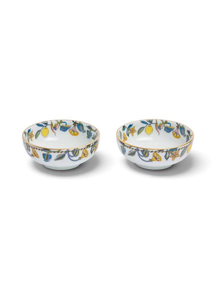 Ileana Makri Borboni snack bowl set of two in white ceramic with colourful floral and lemon motif and gold trim
