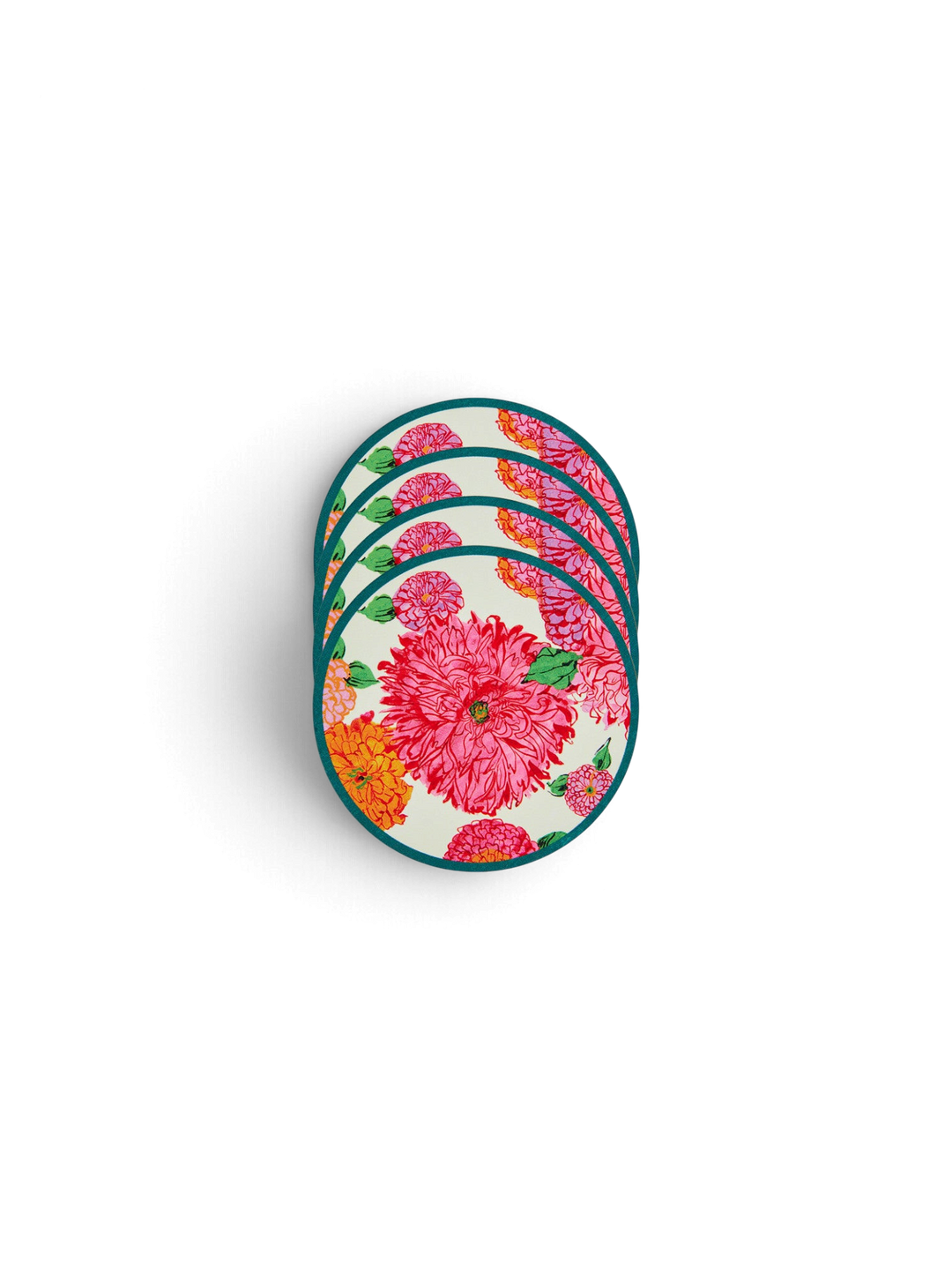 Ileana Makri set of four circular wood fiber coasters featuring the vibrant pink Bright Blooms floral print.