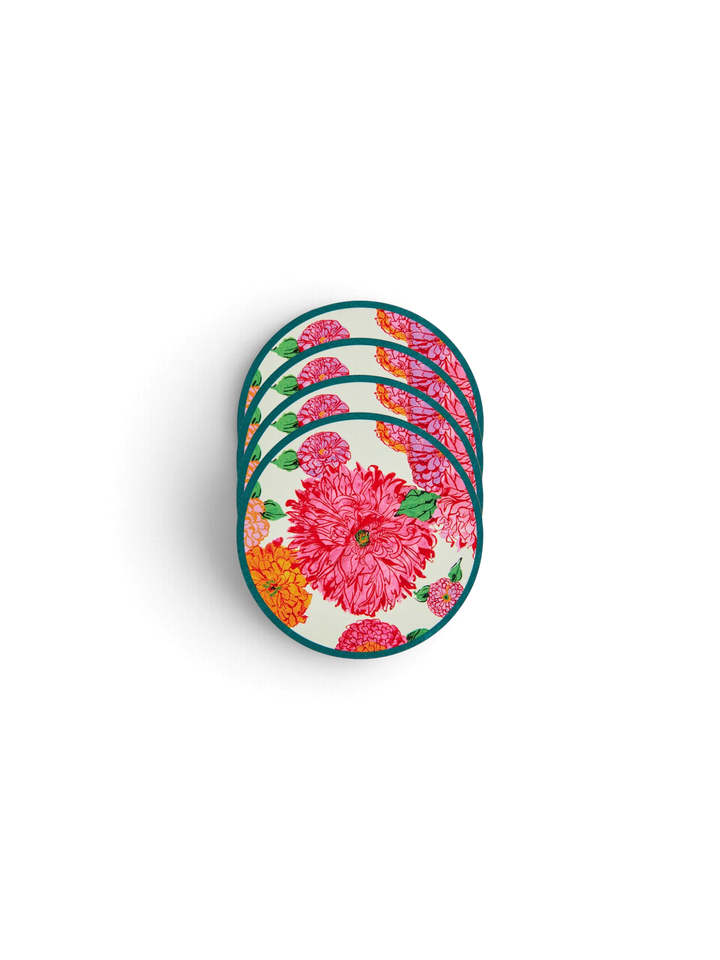 Ileana Makri set of four circular wood fiber coasters featuring the vibrant pink Bright Blooms floral print.