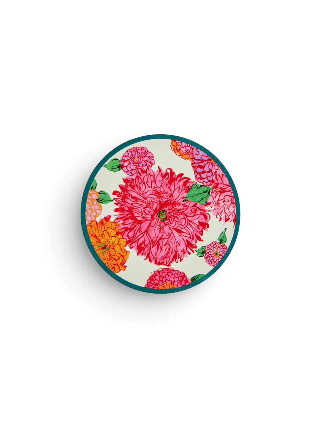 Ileana Makri Bright Blooms circular coaster featuring a vibrant pink and orange floral motif on a white background.