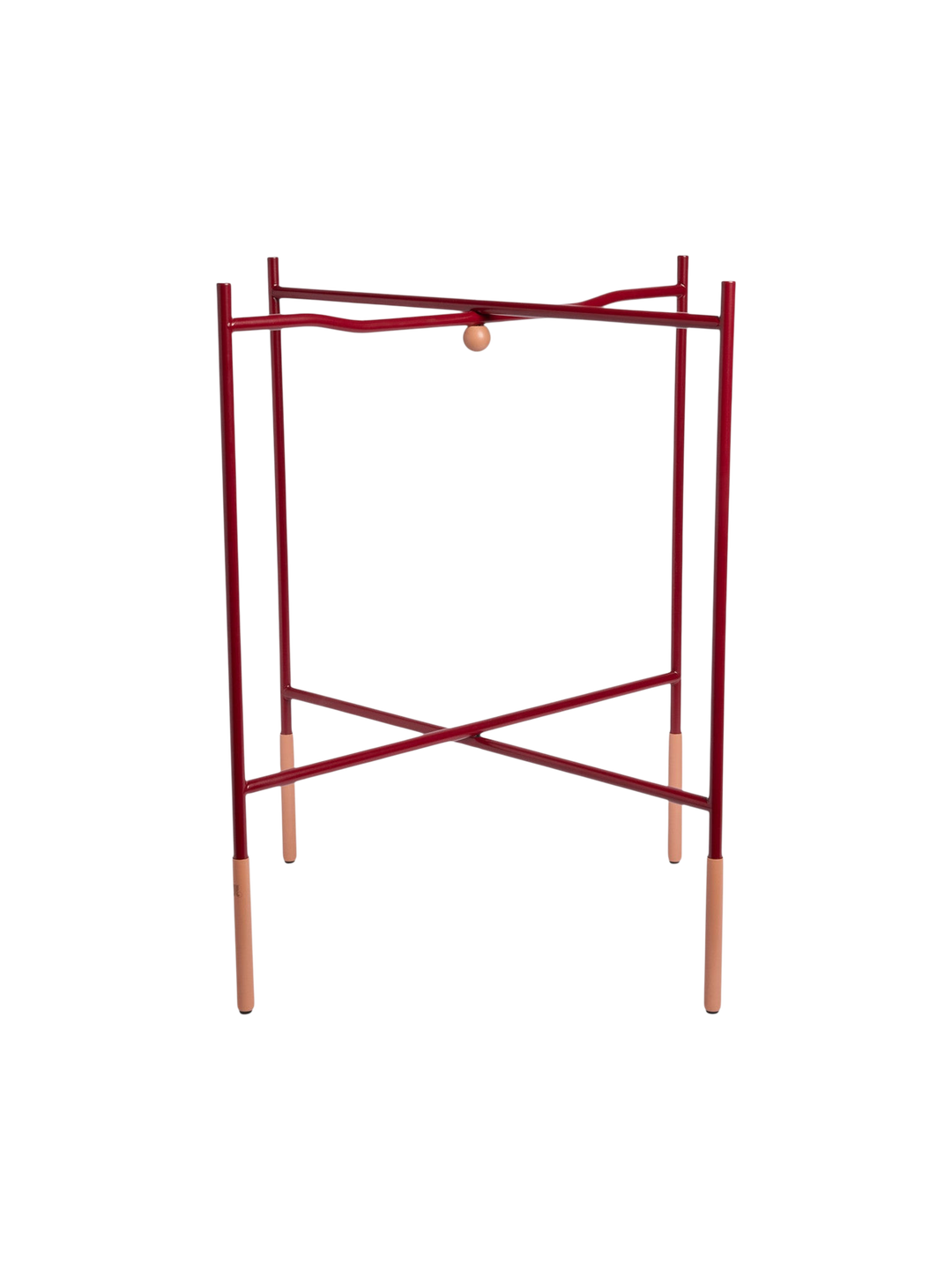 Ileana Makri foldable tray stand in a deep Bordeaux red finish with sturdy metal construction and light wood accents.