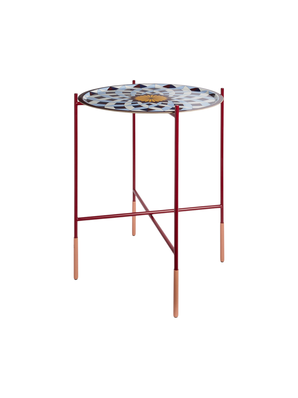 Ileana Makri foldable tray stand in Bordeaux red with a patterned circular tray top for indoor or outdoor use.