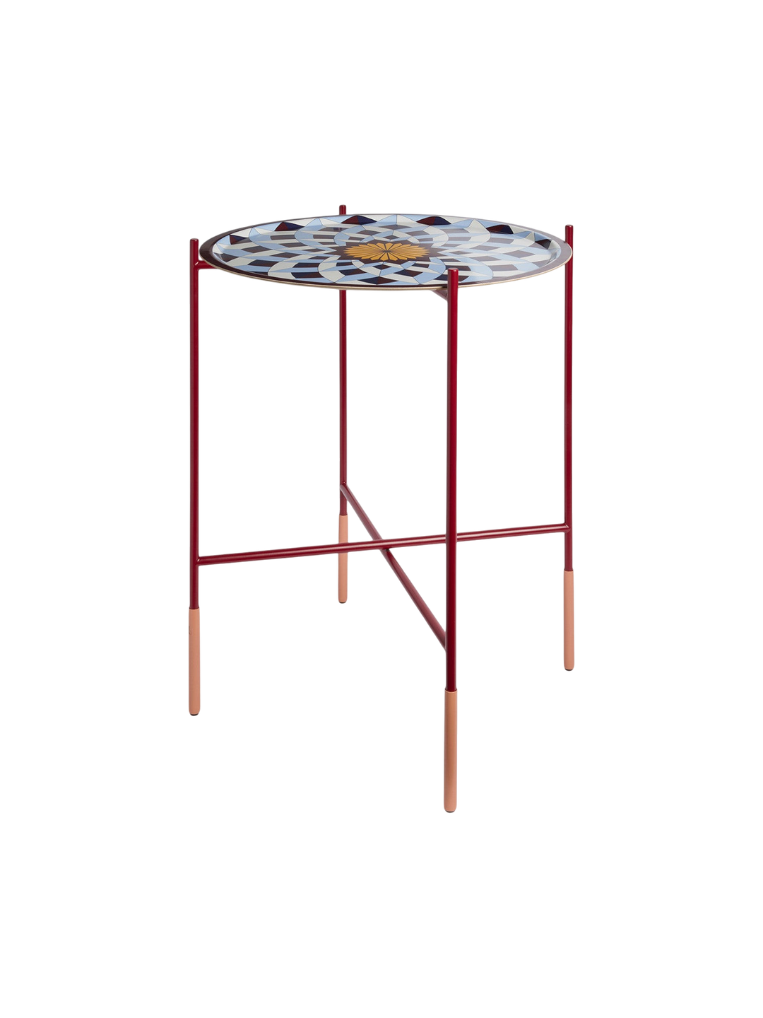 Ileana Makri foldable tray stand in Bordeaux red with a patterned circular tray top for indoor or outdoor use.