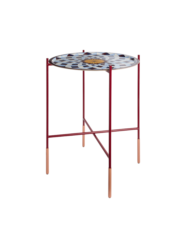 Ileana Makri foldable tray stand in Bordeaux red with a patterned circular tray top for indoor or outdoor use.