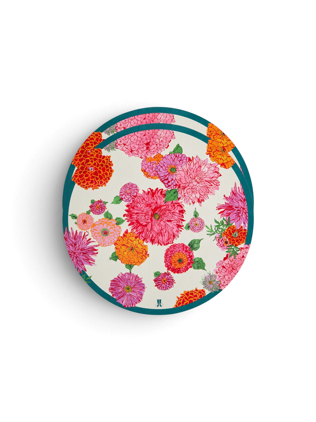 Ileana Makri Bright Blooms circular placemats featuring a vibrant pink and orange floral print with a teal border.