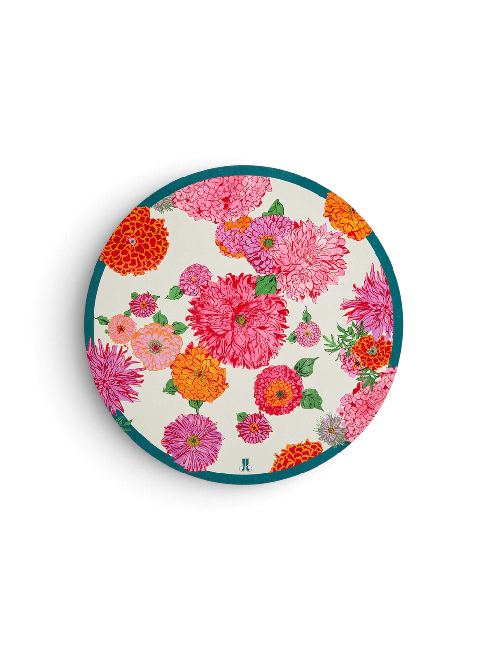 Ileana Makri La DoubleJ Bright Blooms circular placemat with vibrant pink floral print and teal border.