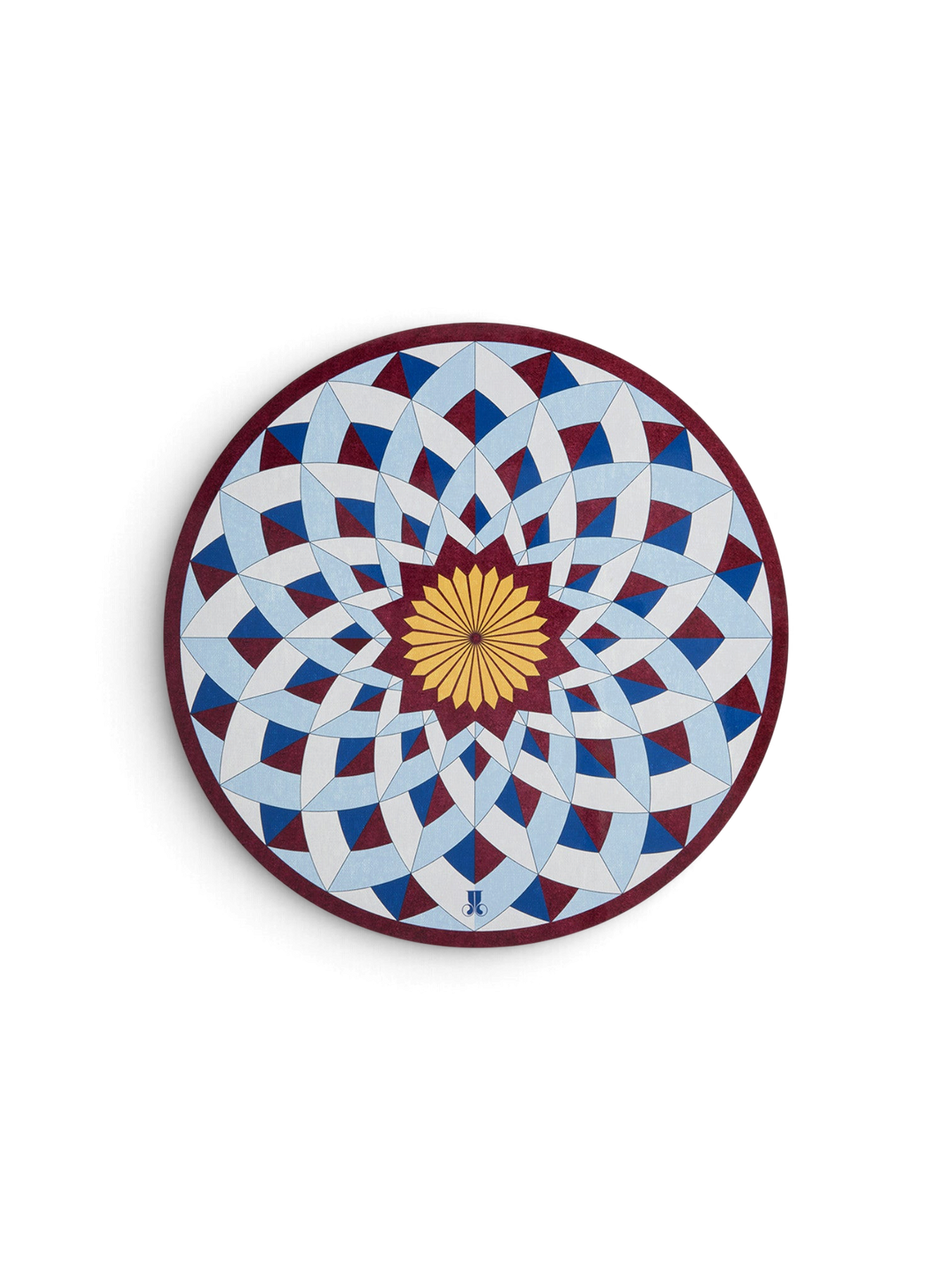 Ileana Makri Lotus of Life circular placemat with blue, white, and burgundy geometric mosaic pattern and cork backing.