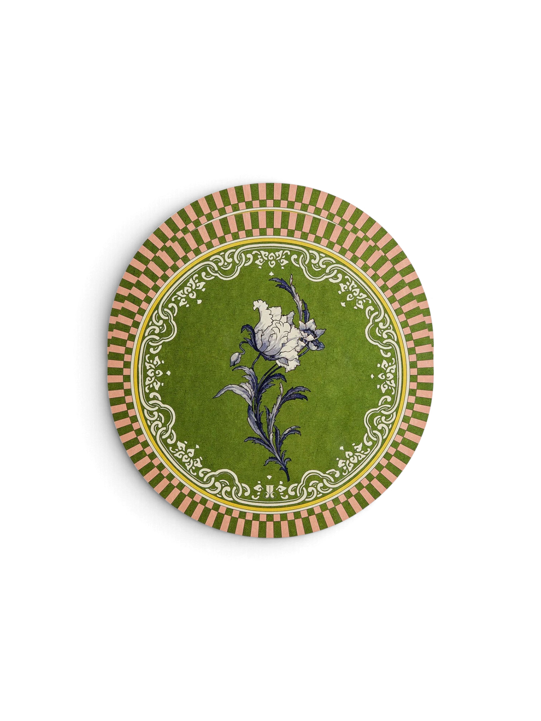 Ileana Makri Nymph Bloom circular placemat in Fiesole green with a white floral motif and decorative striped border.