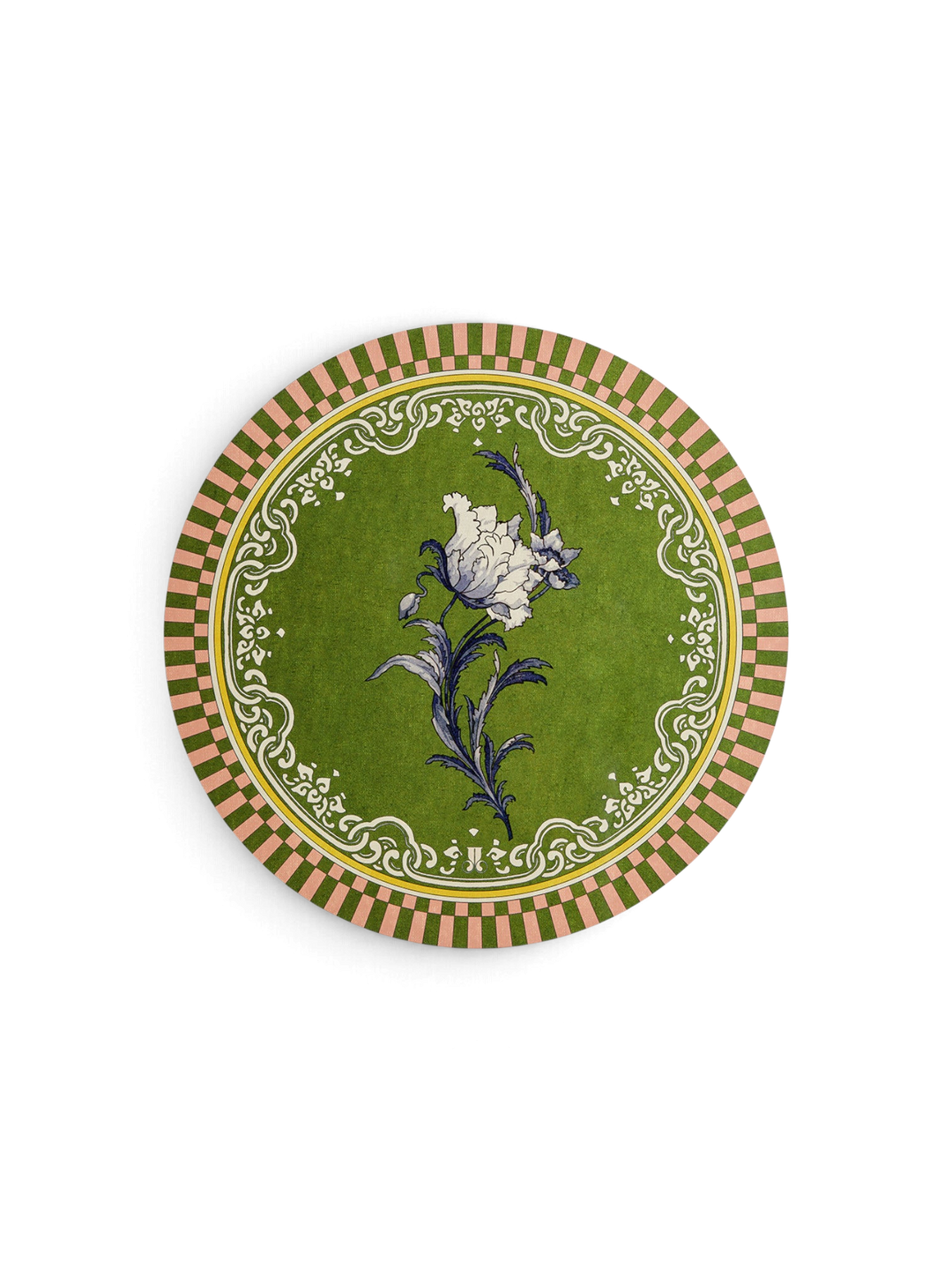 Ileana Makri Nymph Bloom circular placemat in Fiesole Green with a white floral motif and striped decorative border.