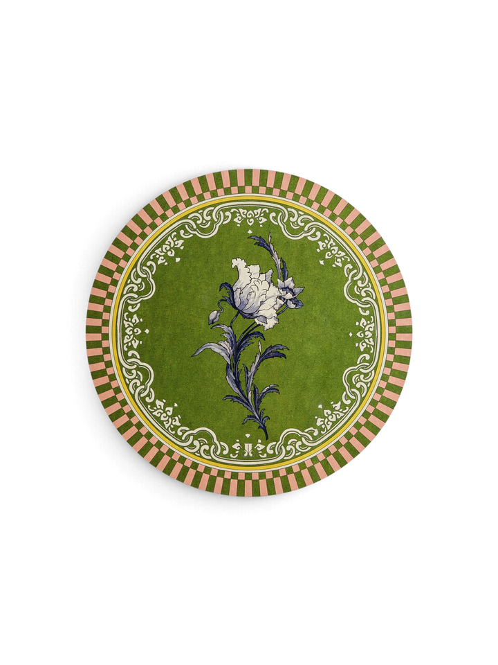 Ileana Makri Nymph Bloom circular placemat in Fiesole Green with a white floral motif and striped decorative border.