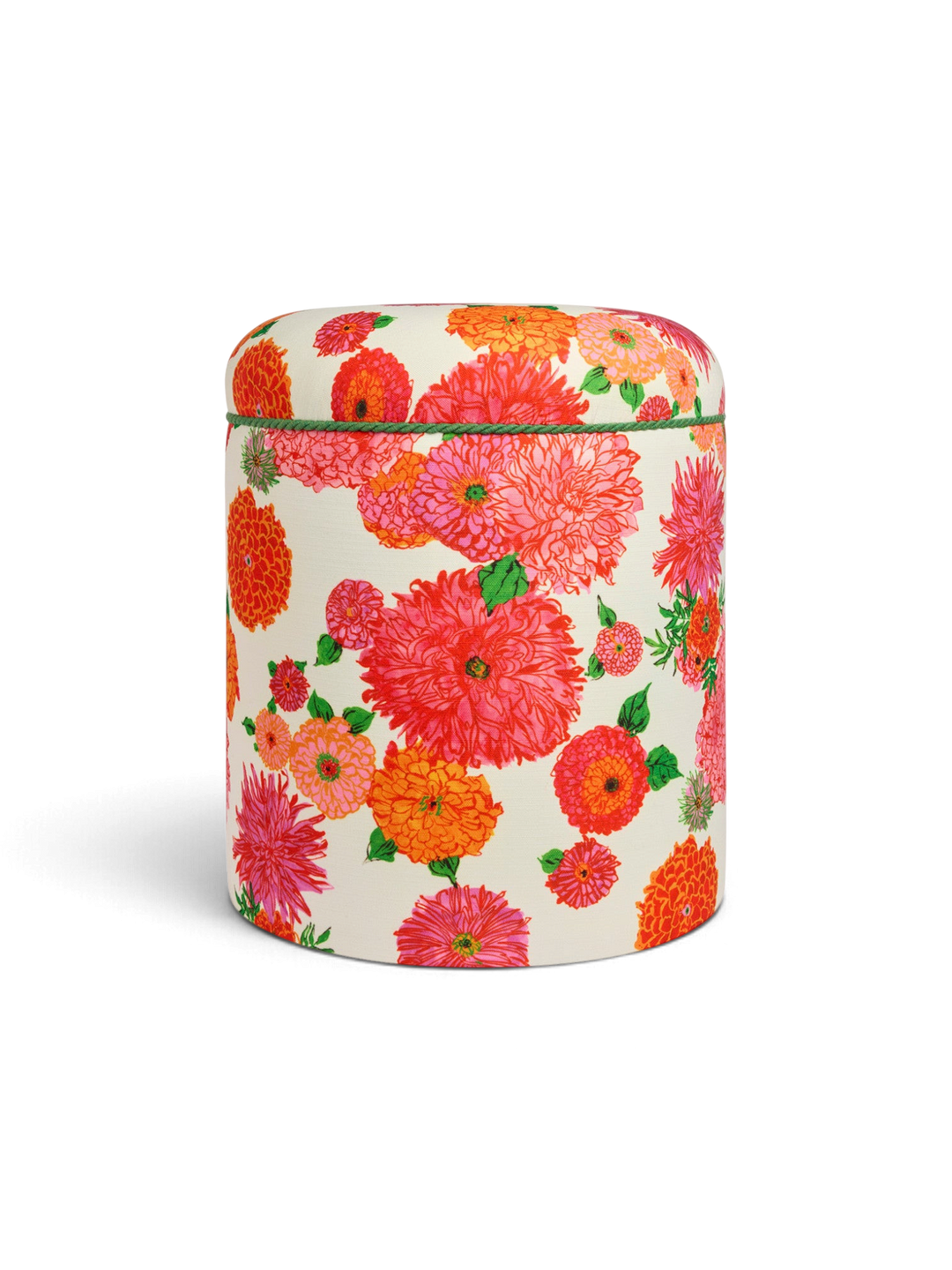 Ileana Makri Baba outdoor pouf featuring a vibrant pink and orange floral Bright Blooms print on durable fabric