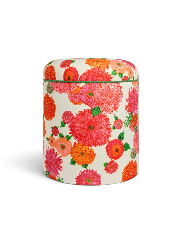Ileana Makri Baba outdoor pouf featuring a vibrant pink and orange floral Bright Blooms print on durable fabric