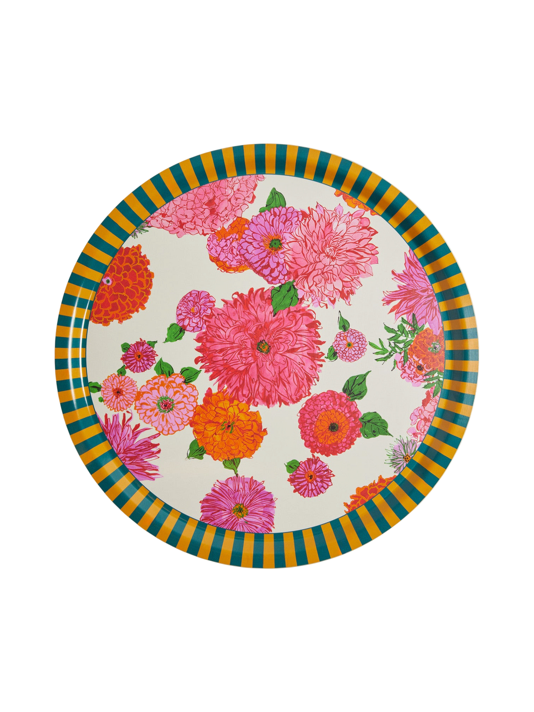Ileana Makri large round laminated birch wood tray featuring a vibrant Bright Blooms floral print in pink and orange.