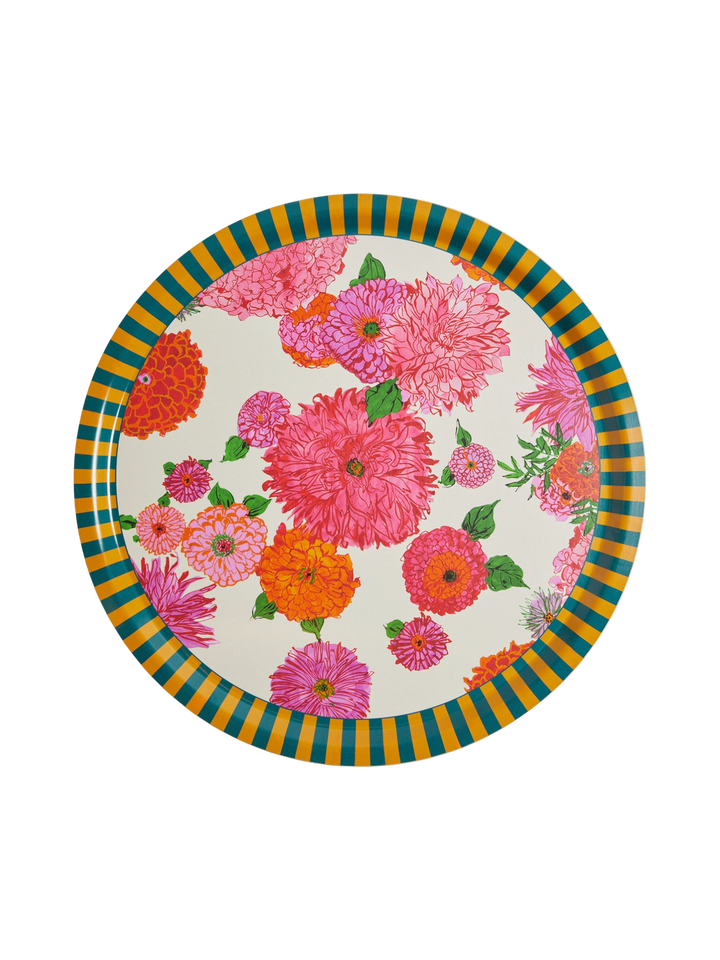 Ileana Makri large round laminated birch wood tray featuring a vibrant Bright Blooms floral print in pink and orange.