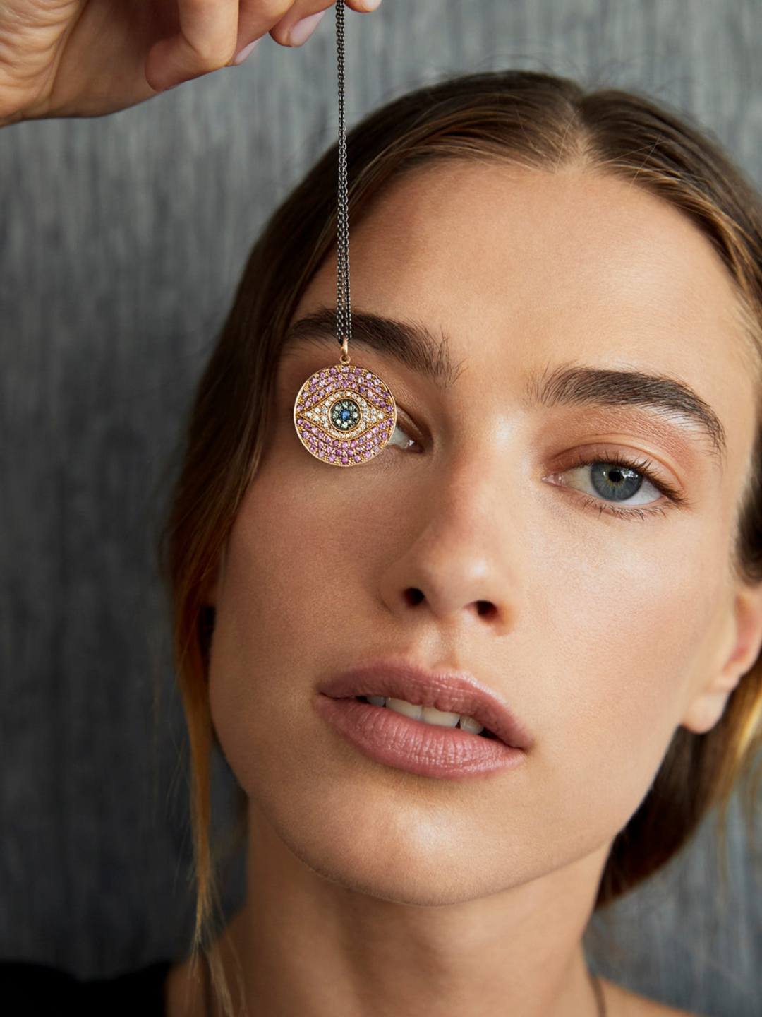 Ileana Makri Dawn Pendant Blush Aurora in 18k rose gold with pavé diamonds and multi-colored sapphires on a dark chain