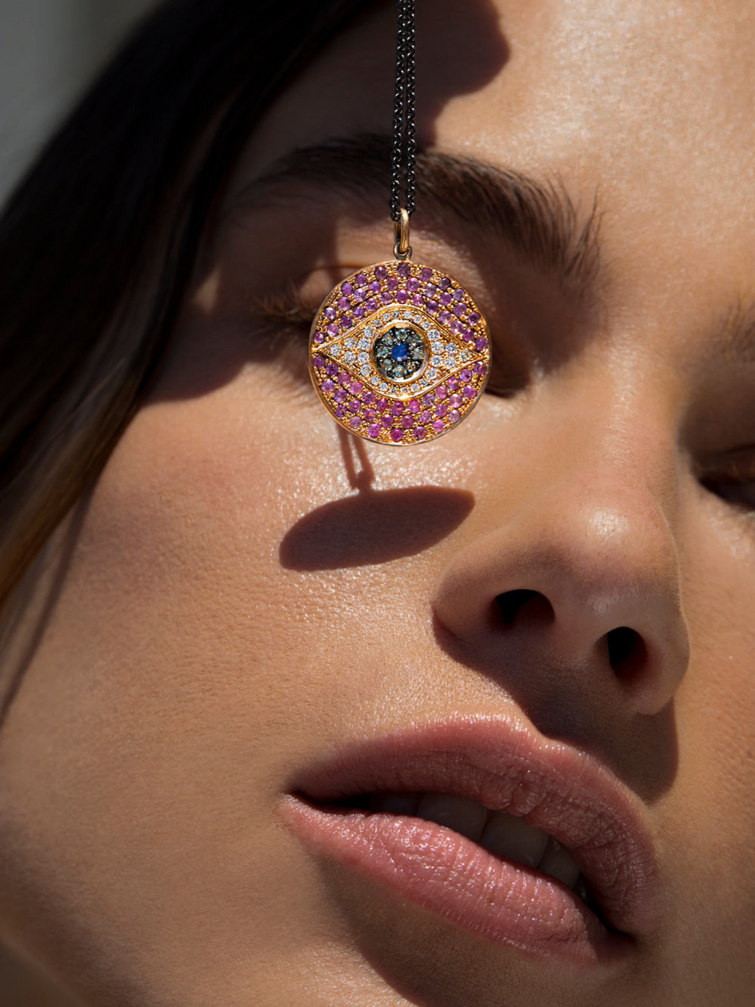 Ileana Makri Dawn Pendant Blush Aurora featuring pavé diamonds and multi-colored sapphires on a blackened steel chain.