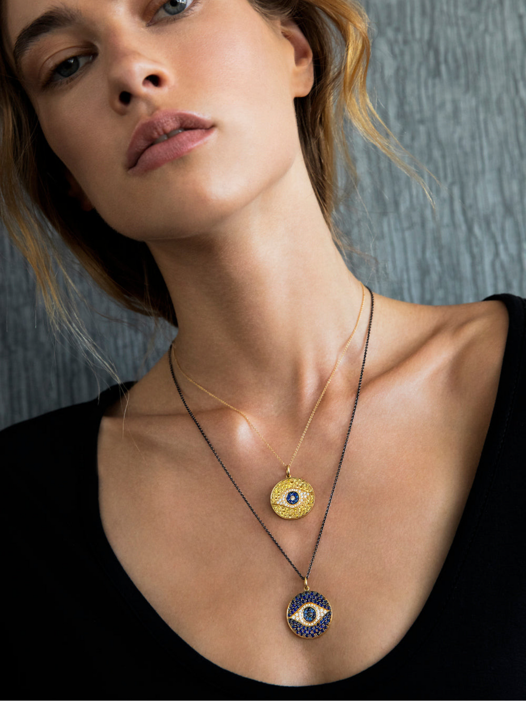 Ileana Makri Dawn Pendant Golden Horizon featuring pavé yellow sapphires, diamonds, and blue sapphire eye motif.