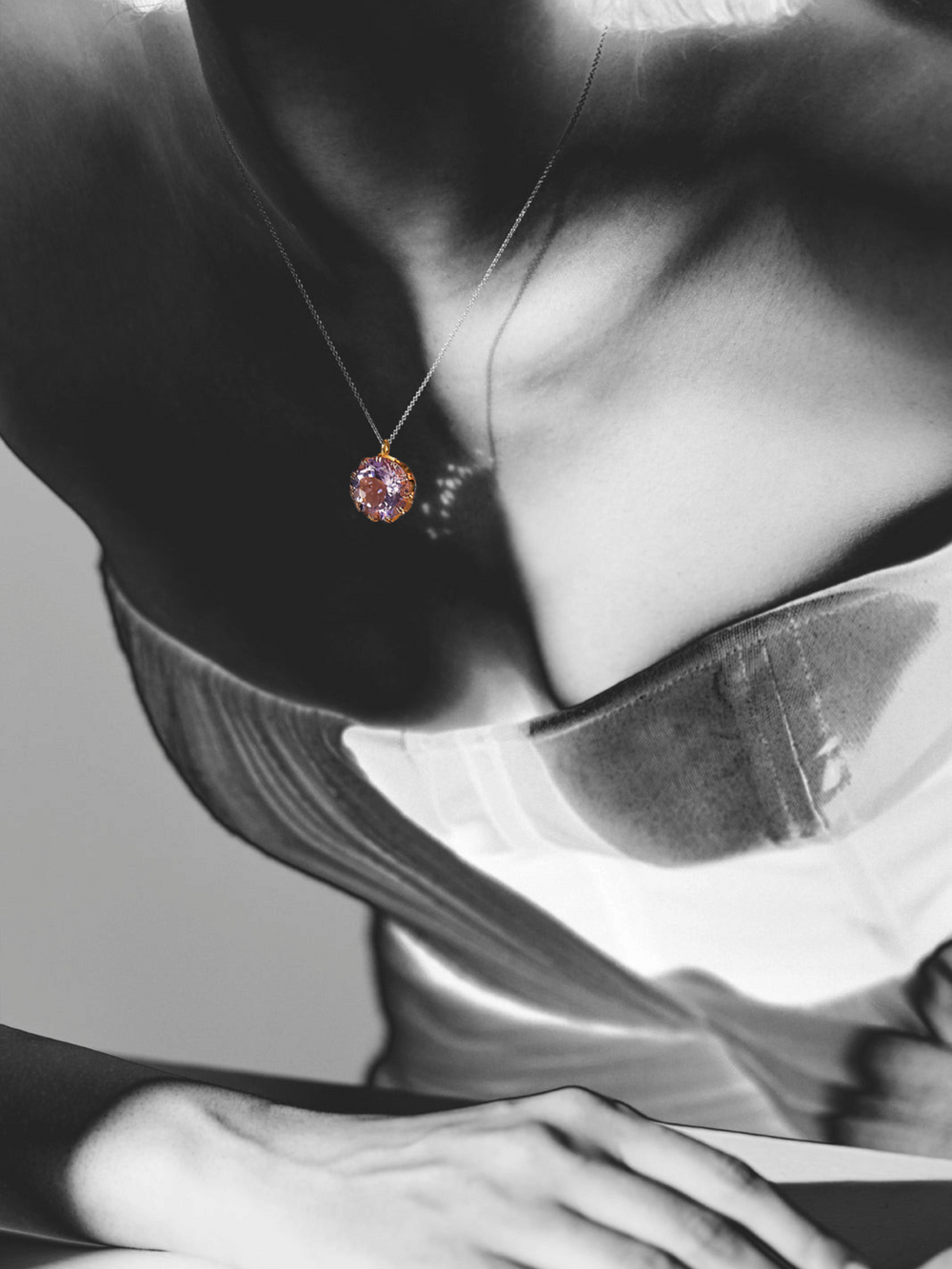 Ileana Makri Crown Pendant featuring a large purple amethyst set in 18k yellow gold worn on a delicate chain