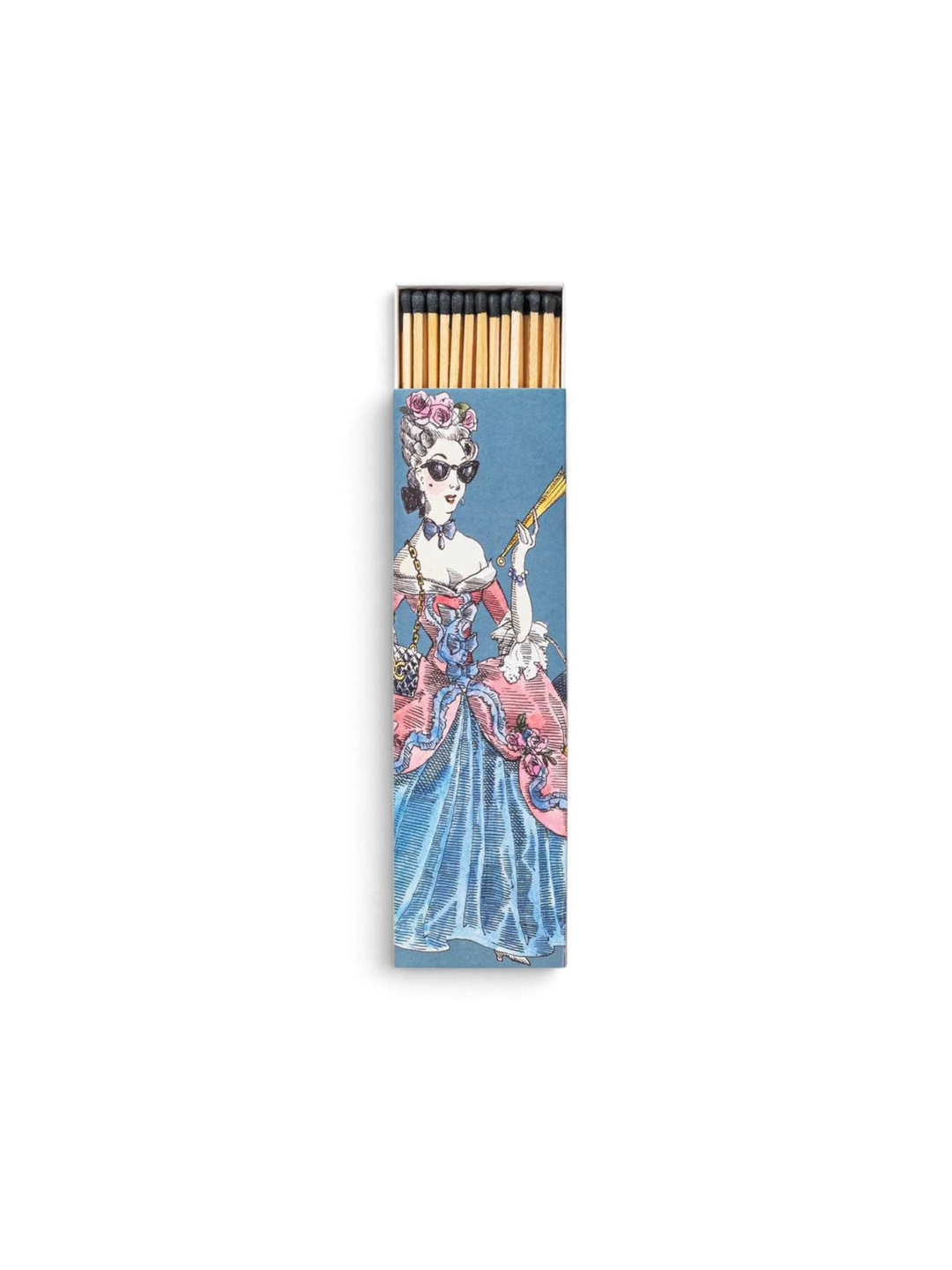 Ileana Makri scented matches in a blue box featuring an illustrated 18th-century noblewoman with sunglasses and a fan.