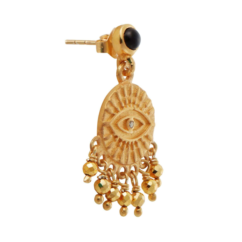 All Seeing Eye Tear Earrings with Golden Pyrite & Black Onyx - Eye M Symbols - Ileana Makri