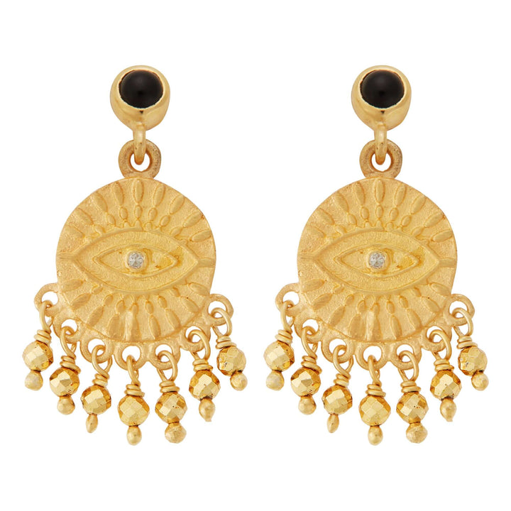 All Seeing Eye Tear Earrings with Golden Pyrite & Black Onyx - Eye M Symbols - Ileana Makri