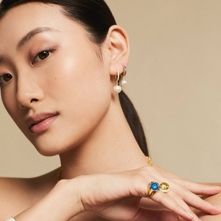 Big Pearl and Enamel Hoops - Eye M Neon Rocks - Ileana Makri