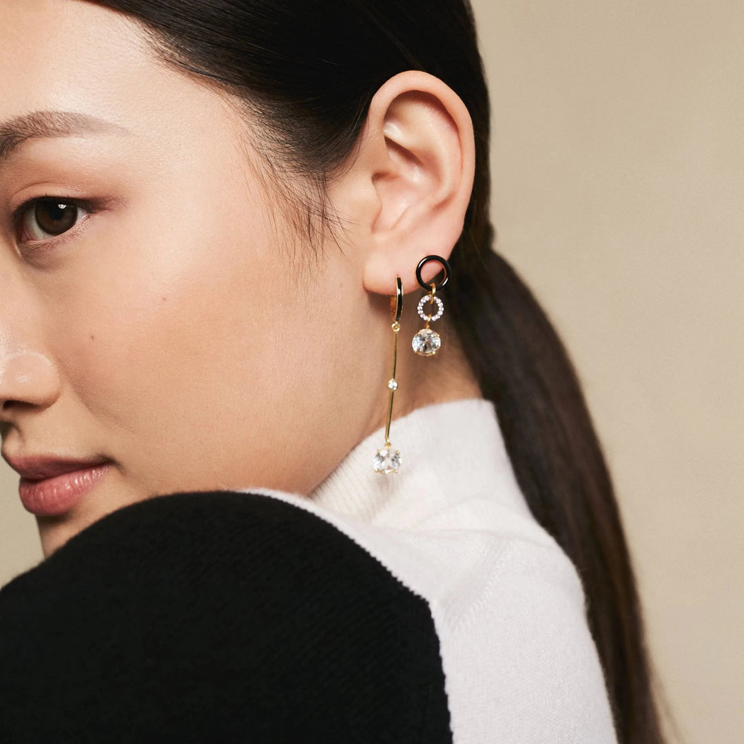 Black Enamel White Topaz Long Hoops - Eye M Neon Rocks - Ileana Makri