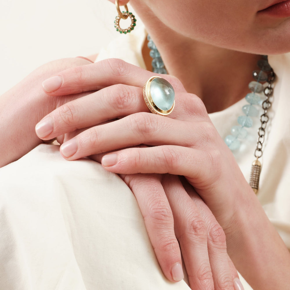 Cabochon Aquamarine & Brown Diamond Ring - One of a Kind - Ileana Makri