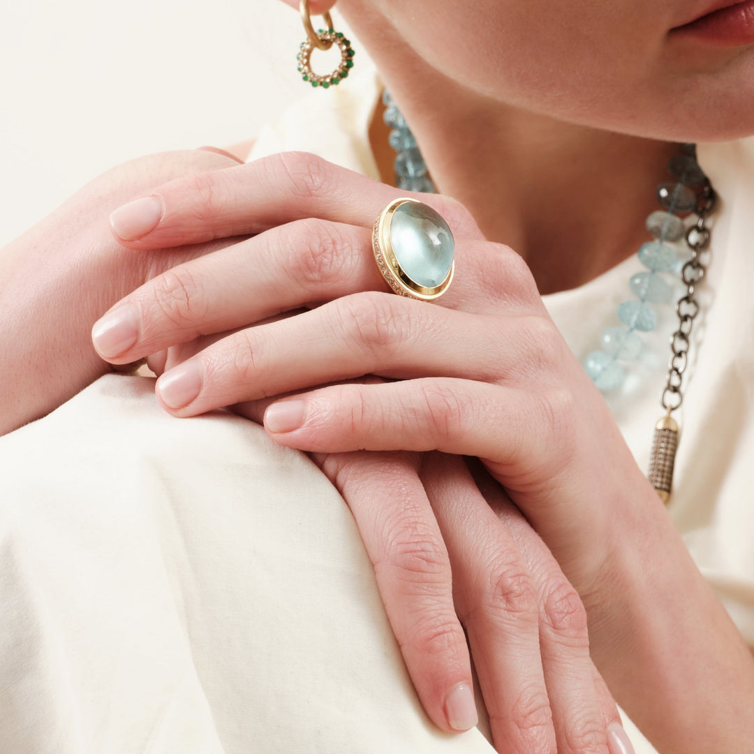 Cabochon Aquamarine & Brown Diamond Ring - One of a Kind - Ileana Makri