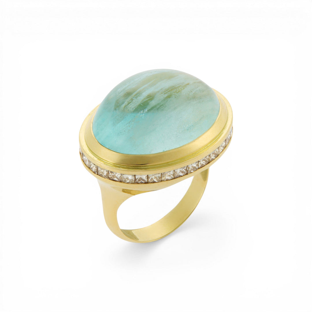 Cabochon Aquamarine & Brown Diamond Ring - One of a Kind - Ileana Makri