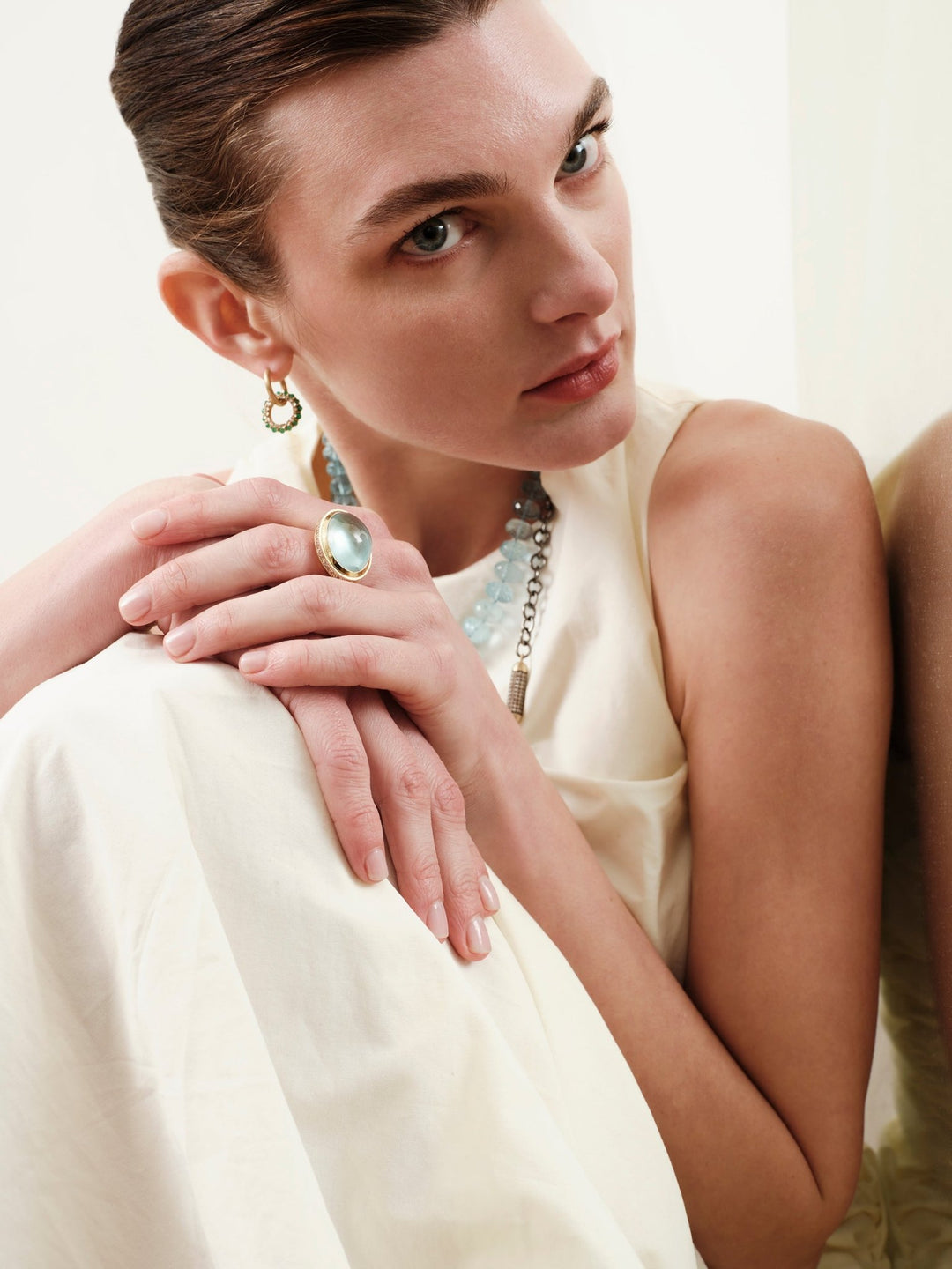 Cabochon Aquamarine & Brown Diamond Ring - One of a Kind - Ileana Makri