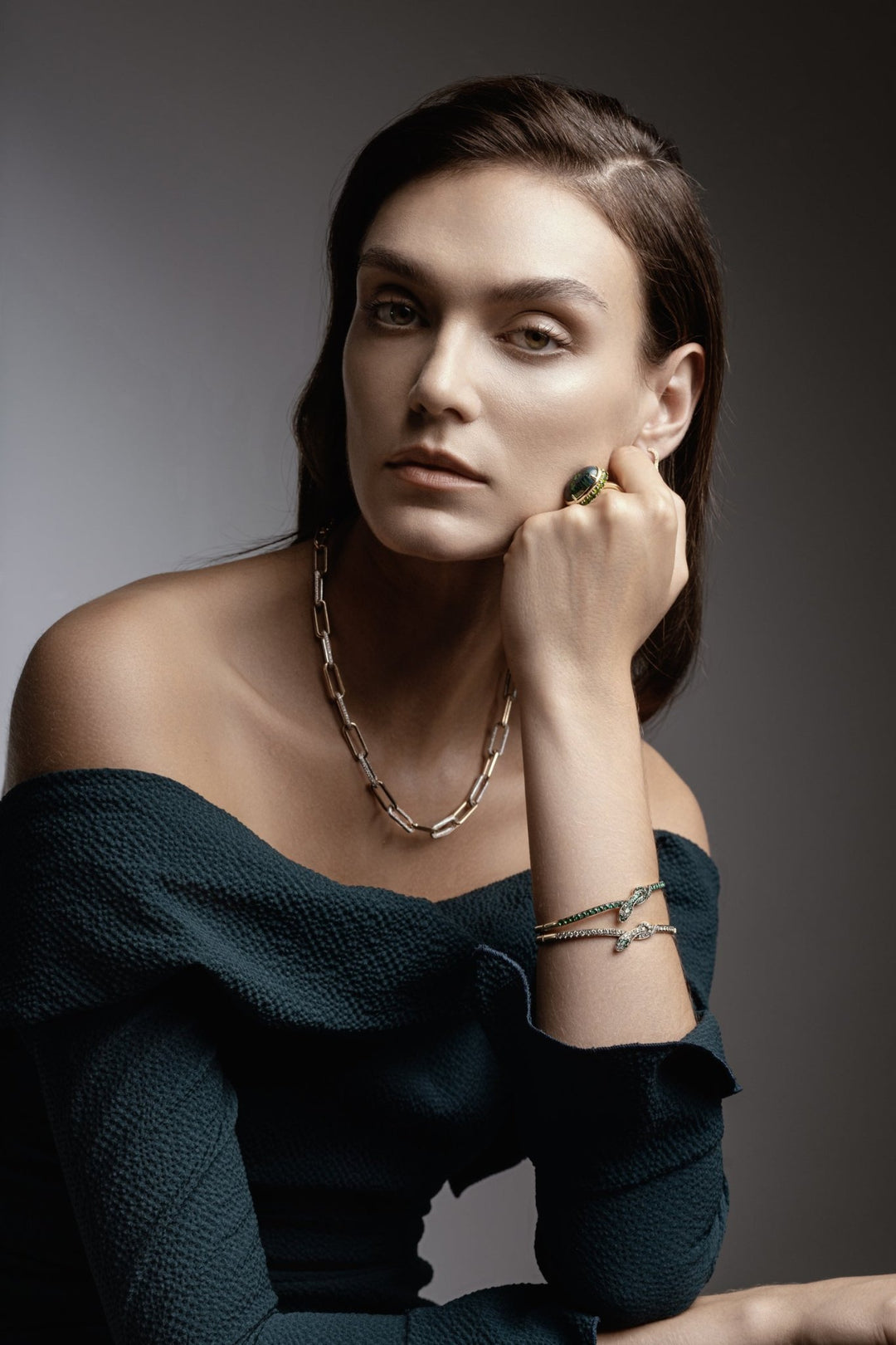 Coiled Snake Emerald Bangle - SNAKES - Ileana Makri