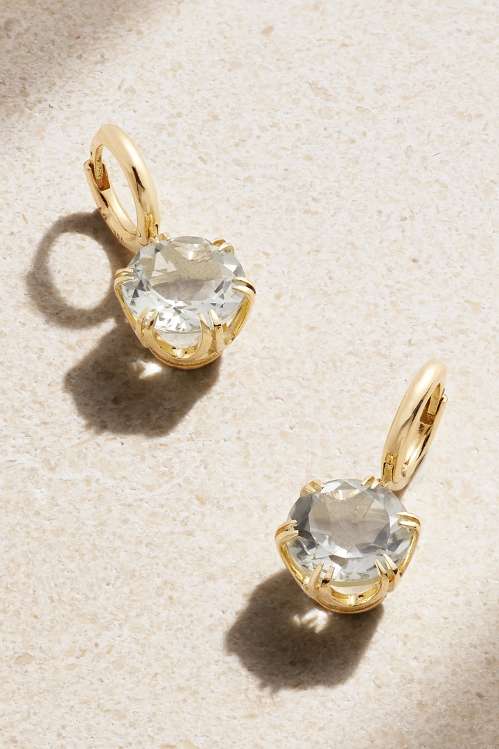 Ileana Makri Crown Midi Hoops in 18k yellow gold featuring dangling white topaz stones in crown settings.