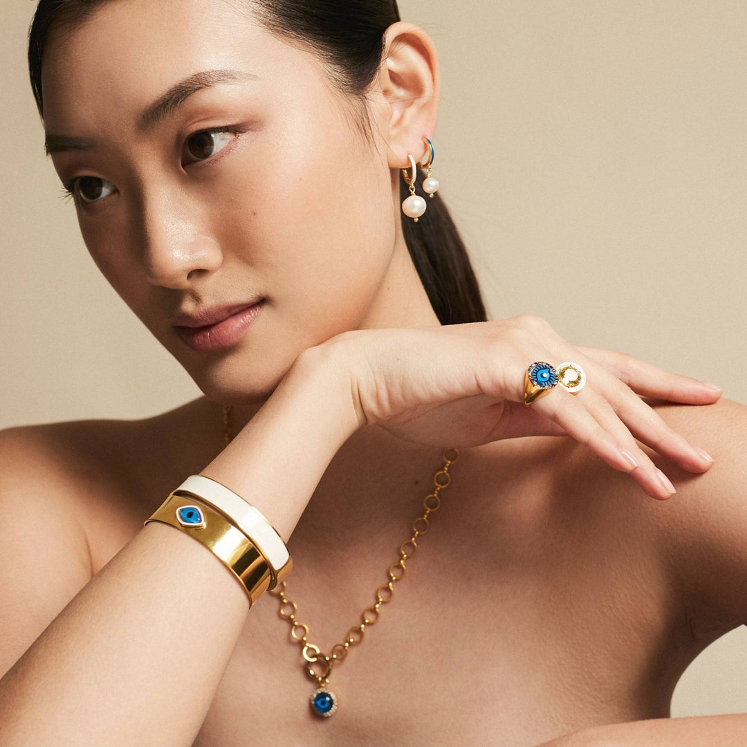 Dainty Pearl and Enamel Hoops - Eye M Core - Ileana Makri