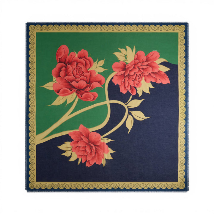 Foulard 140 Queen Peony Placée Blue - La Double J Accessories - Ileana Makri