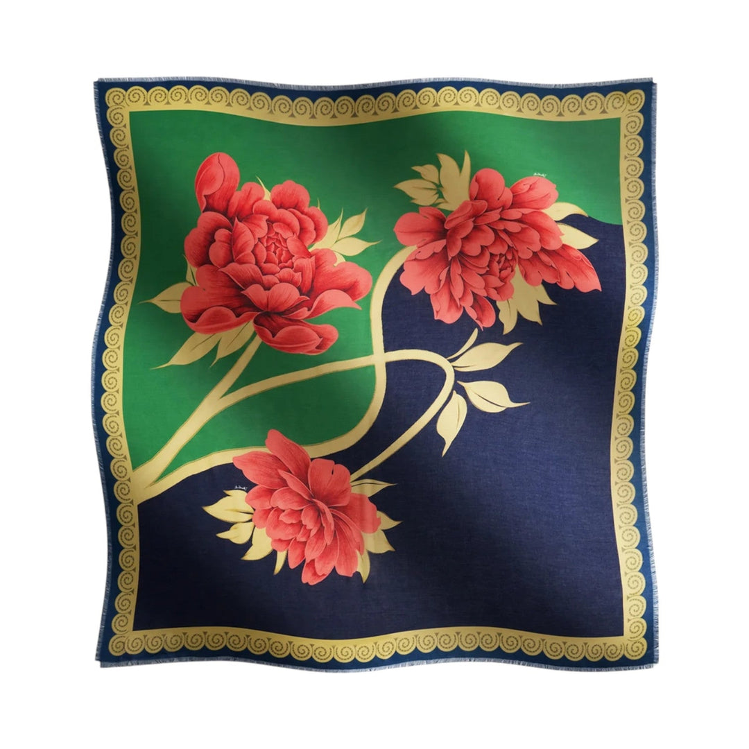 Foulard 140 Queen Peony Placée Blue - La Double J Accessories - Ileana Makri