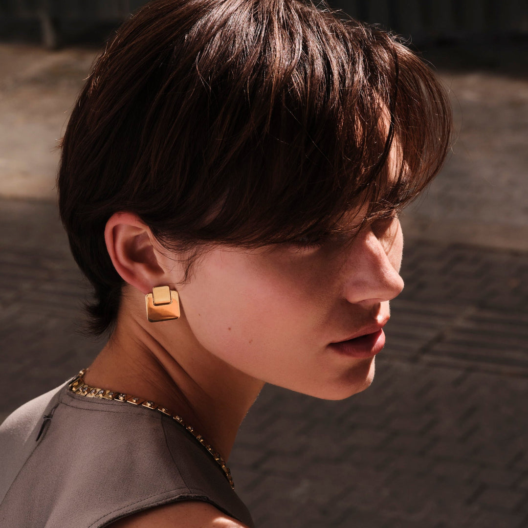 Golden Tile Statament Studs - Tile - Ileana Makri