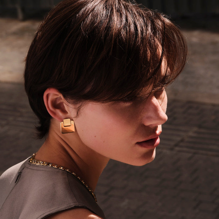 Golden Tile Statament Studs - Tile - Ileana Makri