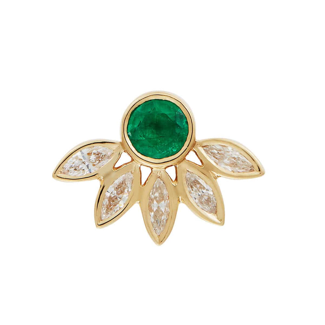 Grass Sunflower Studs with Emeralds and navette diamonds single - Ileana Makri