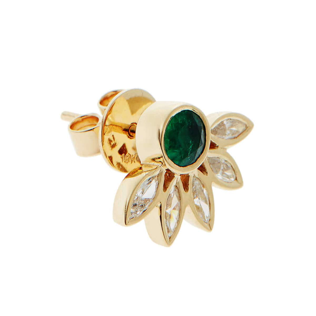 Grass Sunflower Studs with Emeralds and navette diamonds side view - Ileana Makri