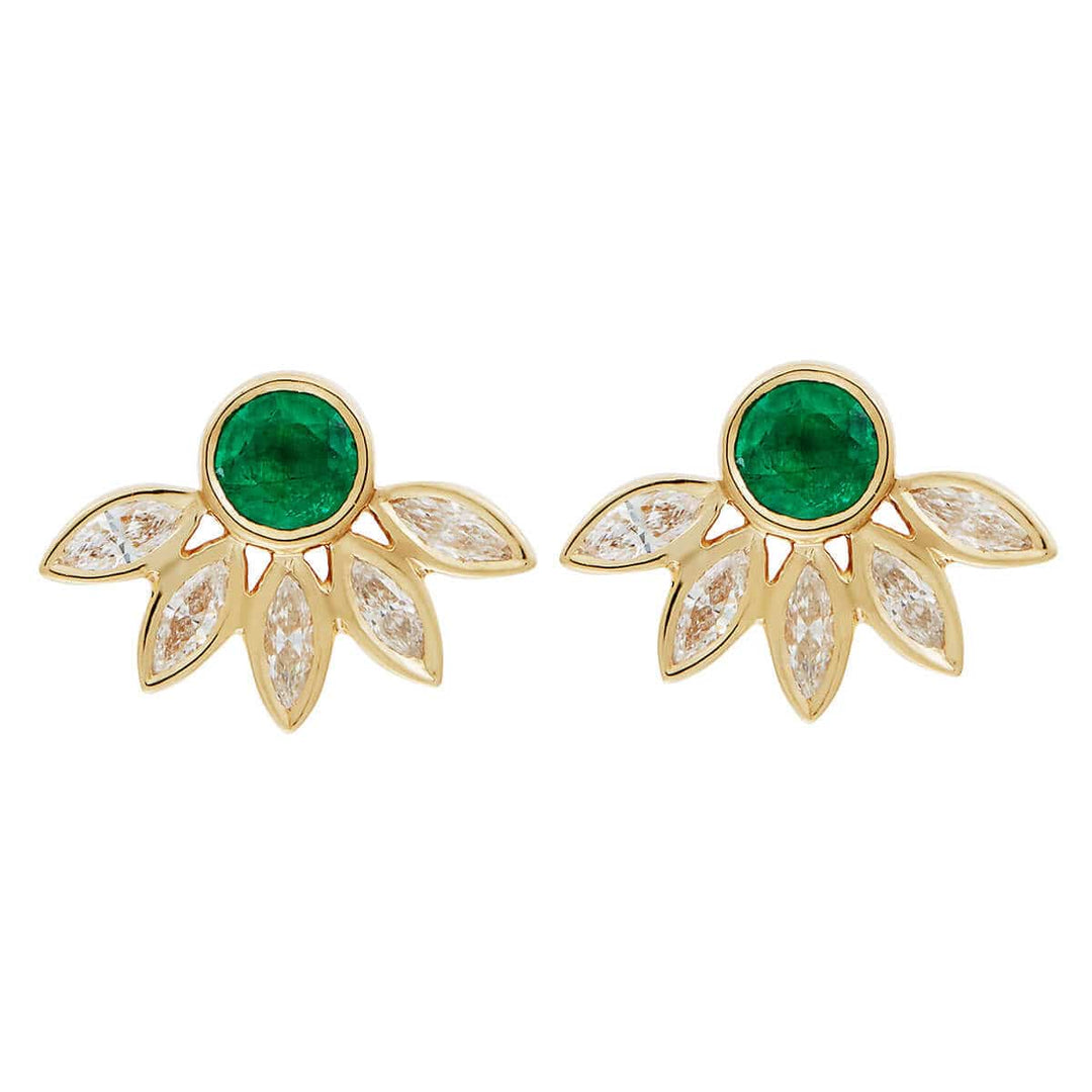 Grass Sunflower Studs with Emeralds and navette diamonds - Ileana Makri