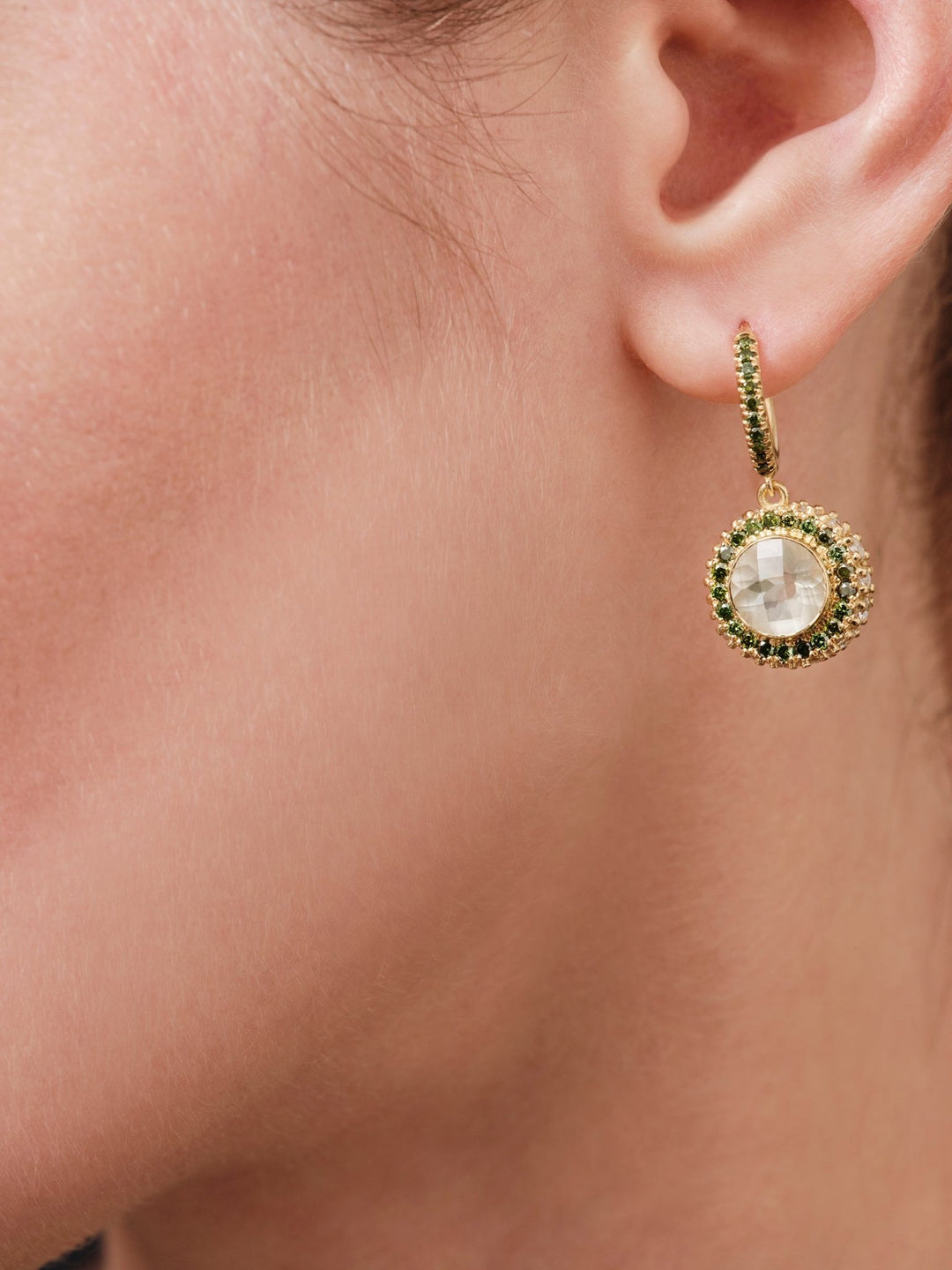 Green Diamond Halo Moonstone Earrings - One of a Kind - Ileana Makri