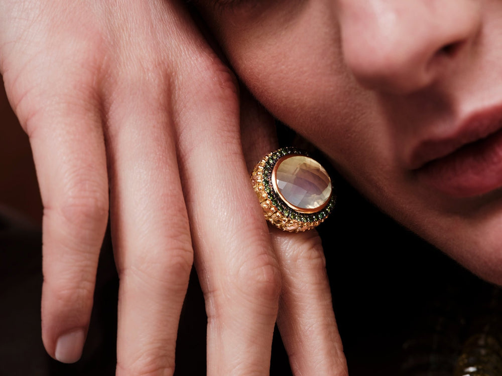 Green Diamond Halo Moonstone Ring - One of a Kind - Ileana Makri