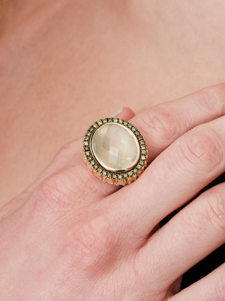 Green Diamond Halo Moonstone Ring - One of a Kind - Ileana Makri