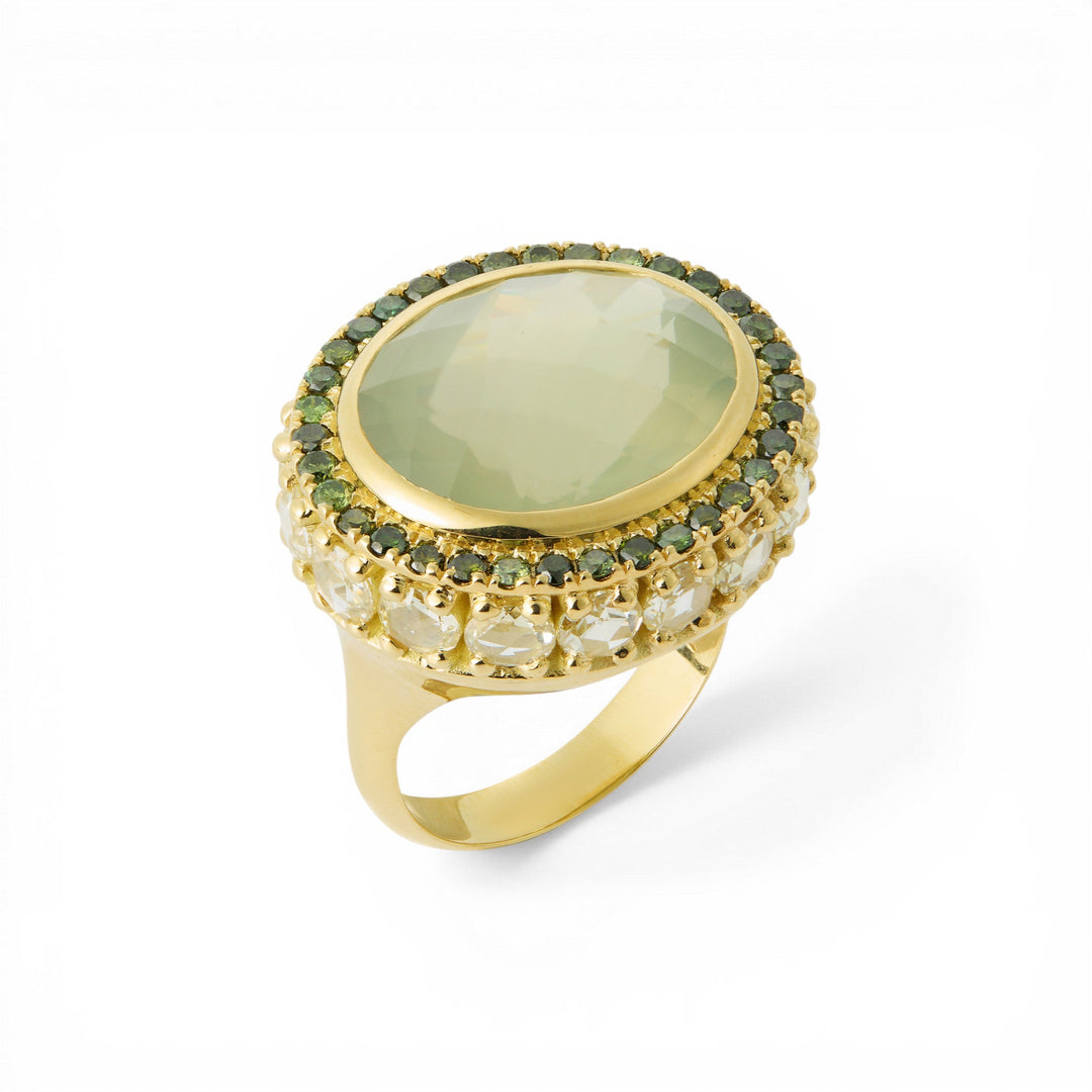 Green Diamond Halo Moonstone Ring - One of a Kind - Ileana Makri